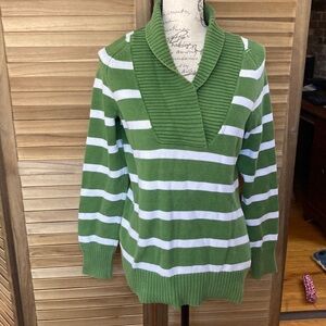 Merona size medium green and white striped sweater GUC 98% Cotton